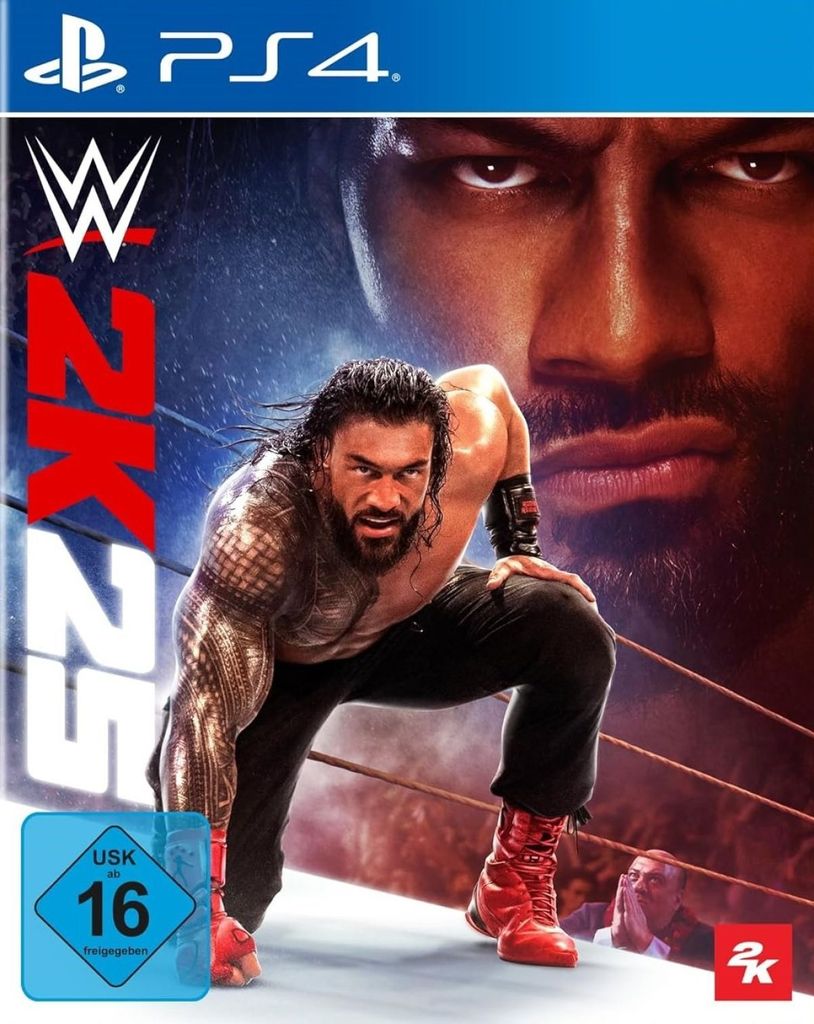 Cover art for the WWE 2K25 video game for PlayStation 4, featuring wrestler Roman Reigns.