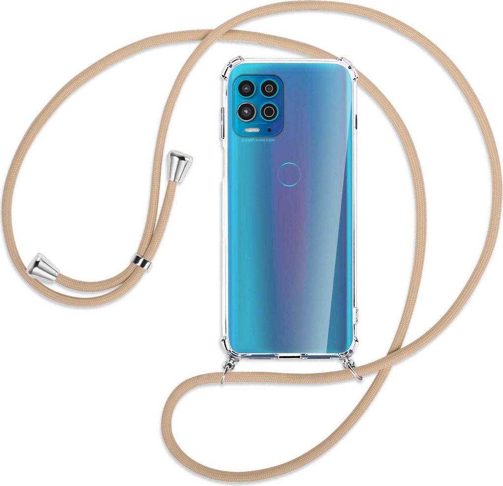 Handykette Backcover-Schutzhülle mit Band (Metall silberfarben) für Motorola Moto G100 - beige