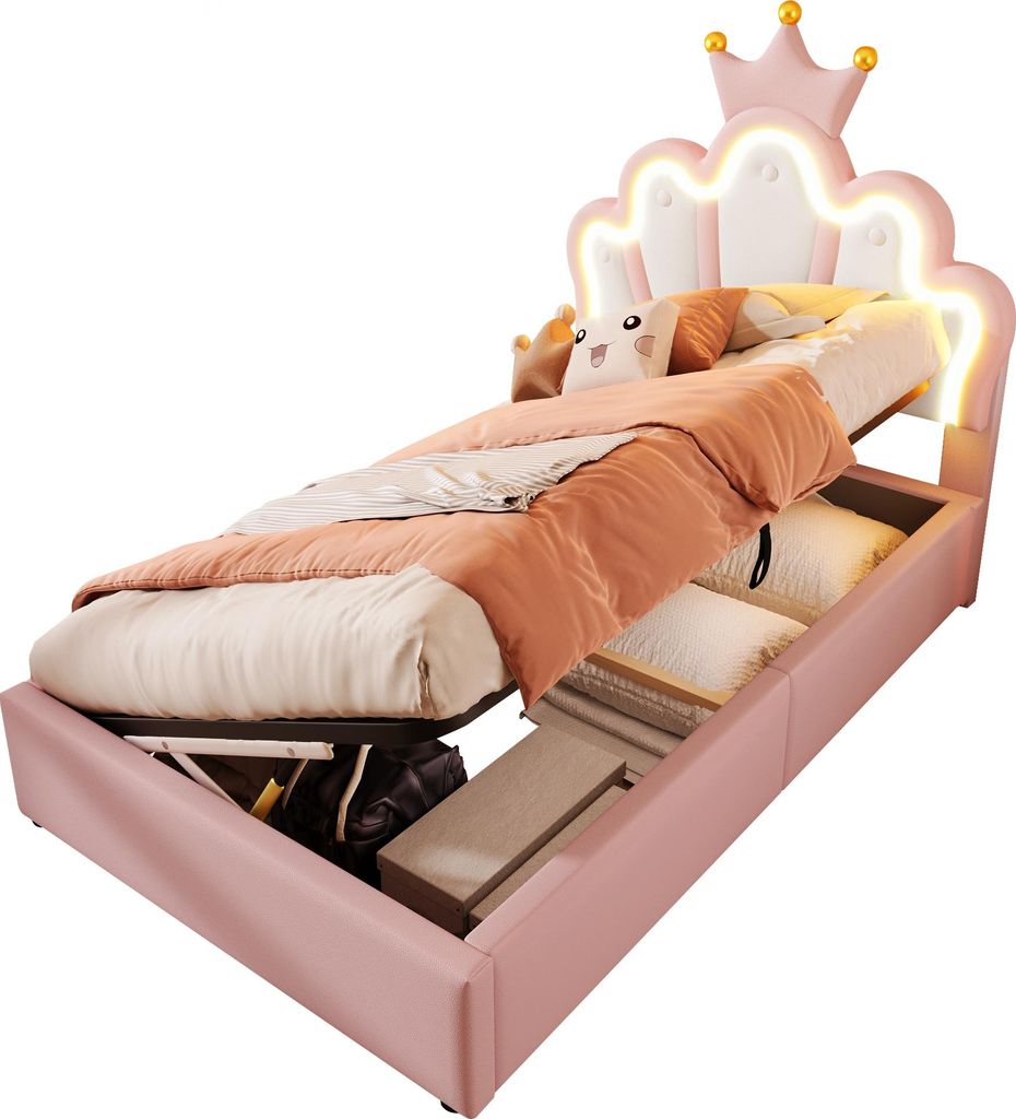 Prinzessinbett mit LED-Beleuchtung und Stauraum, 90x200cm, höhenverstellbarer Kopfteil, Mädchenbett, Polsterbett für Mädchen, Einzelbett