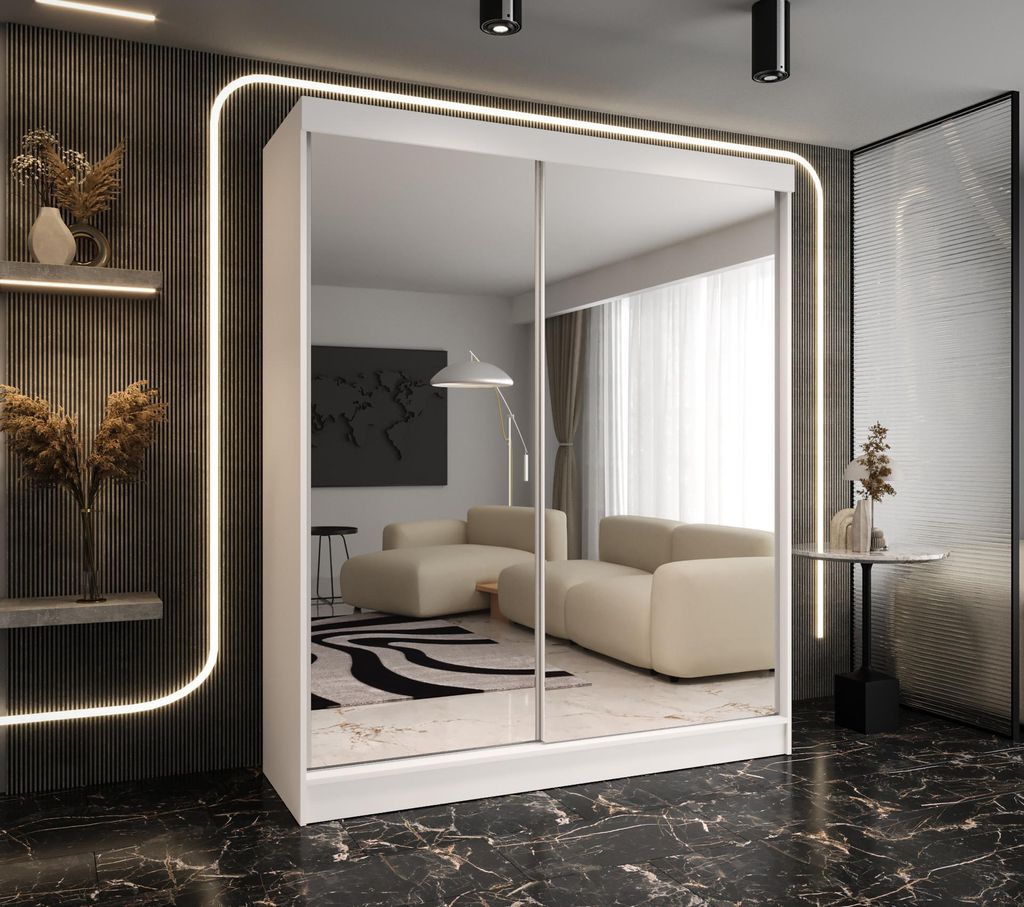 Raummeister Schwebetürenschrank 2D (2-türig) 110 cm - Weiß - Front Spiegel + Spiegel - Schubladen 2