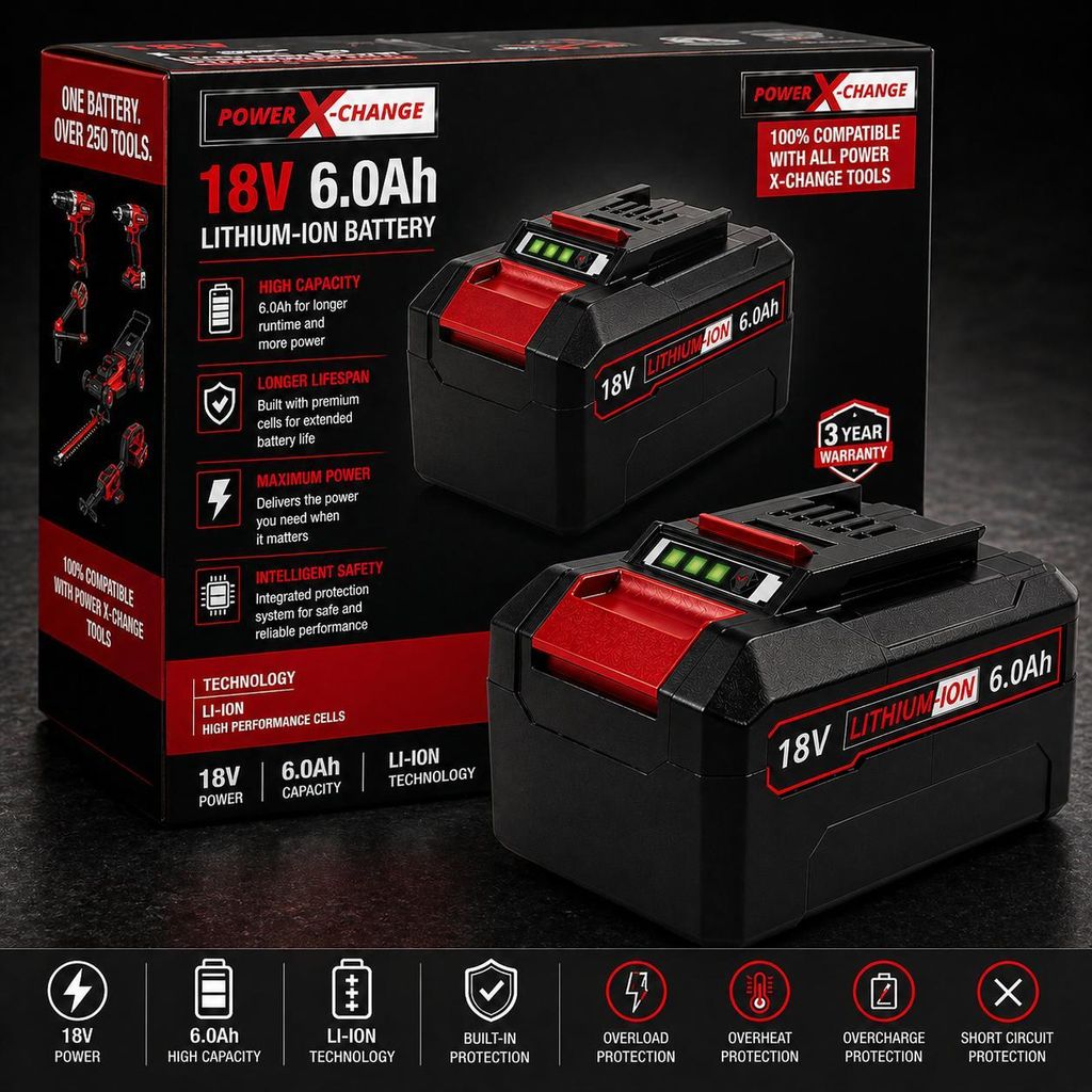 18V Akku 6.0Ah kompatibel mit Einhell Power X-Change – Produktbild 