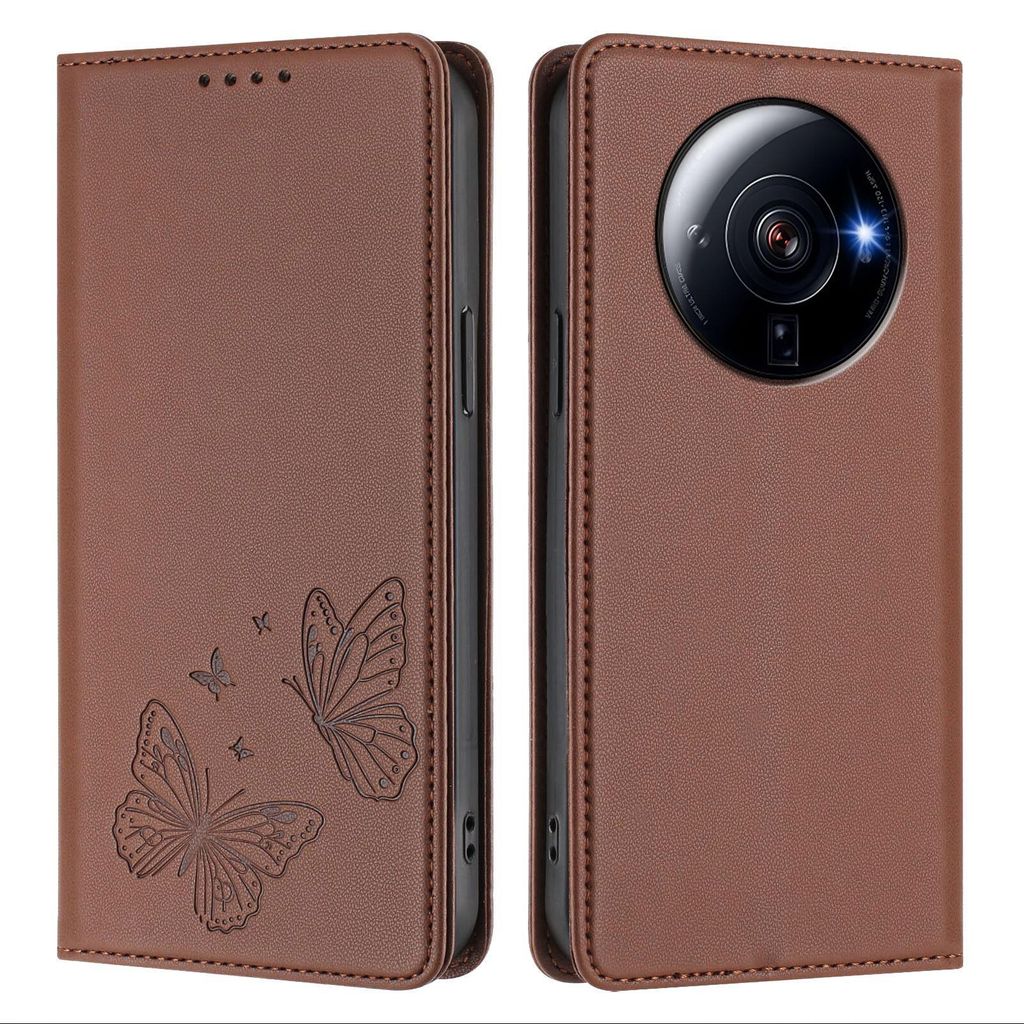 Lederhülle für Xiaomi 12S Ultra, Schmetterling Prägung Leder Brieftasche Schutzhülle mit Ständer Braun