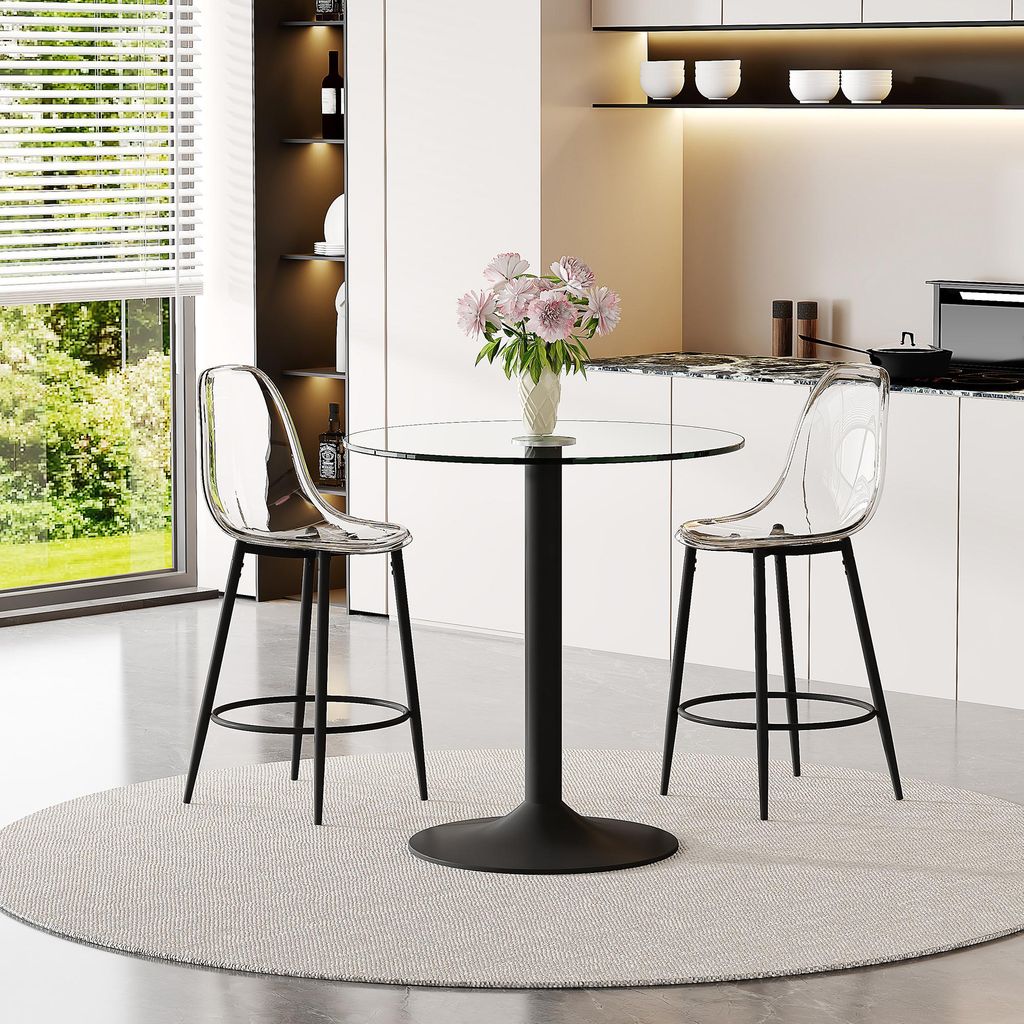 Modernes 3-Teiliges Bar-Set: Ø 89cm Glastisch & 2 Transparente Barhocker | 92cm Stehtisch mit 66cm Sitzhöhe | Platzsparendes Design für Küche &...