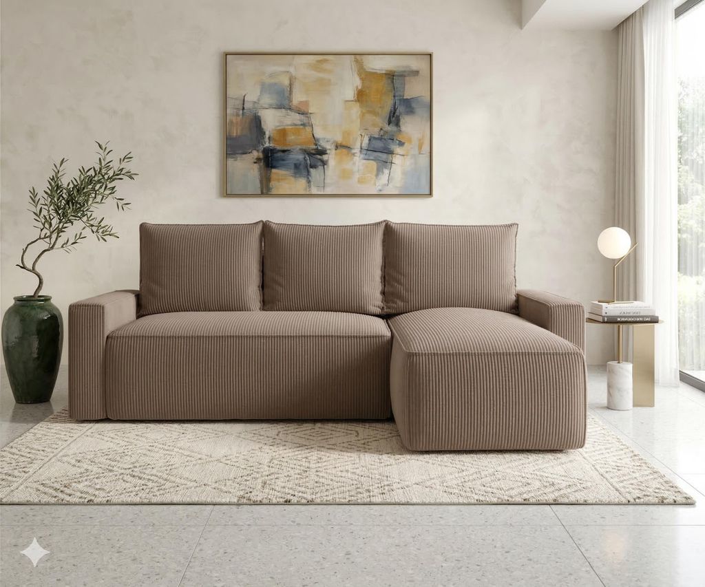 CORNERO Ecksofa mit Schlaffunktion HAVANA in L-Form Sofa mit Schlaffunktion und Bettkasten EckcouchEcksofa L-Form Hellbraun Ottomane Rechts