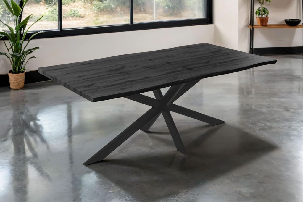 Esstisch Josy | 200 x 100 cm | Holz-Optik in Grau | Spider-Gestell Metall schwarz | 40 mm Tischplatte mit Baumkante | Tisch für Esszimmer & Küche