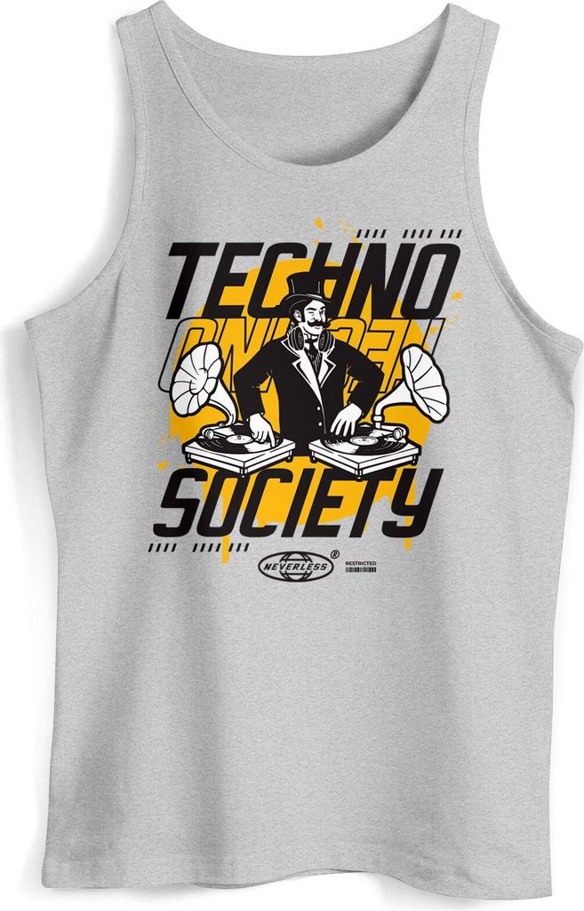 Herren Tank-Top Techno Print Musik Retro Grafik Aufdruck Schriftzug Fashion Streetstyle Muskelshirt Neverless grau XXL