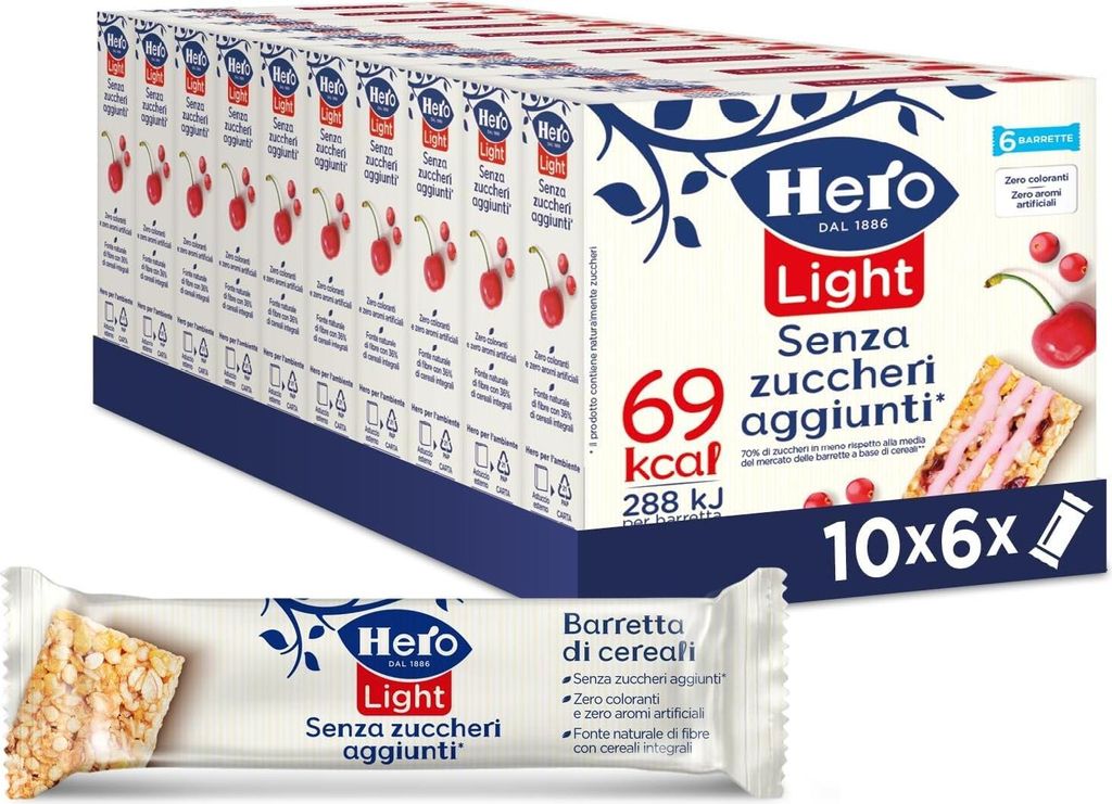 Hero Light Riegel mit Getreide und Rote Früchte, Snacks ohne Zucker, ohne Palmöl, Null -Konservierungsstoffe, 10 Packungen mit 6 Bars x 20g + Ita...