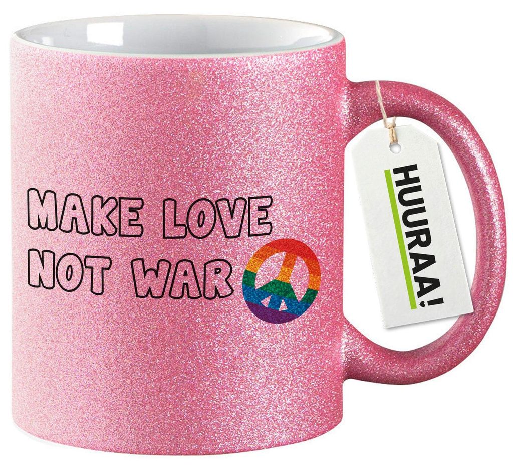 Huuraa Glitzertasse Make Love not War 330ml Pink Keramik Kaffeebecher Geschenkidee