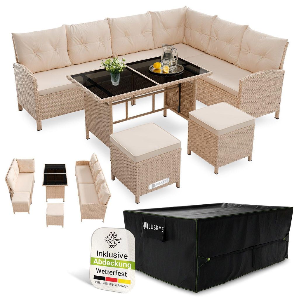 Juskys Polyrattan Lounge Manacor - Sofa, Tisch, Hocker & Kissen inkl. Abdeckung - Creme & Sand