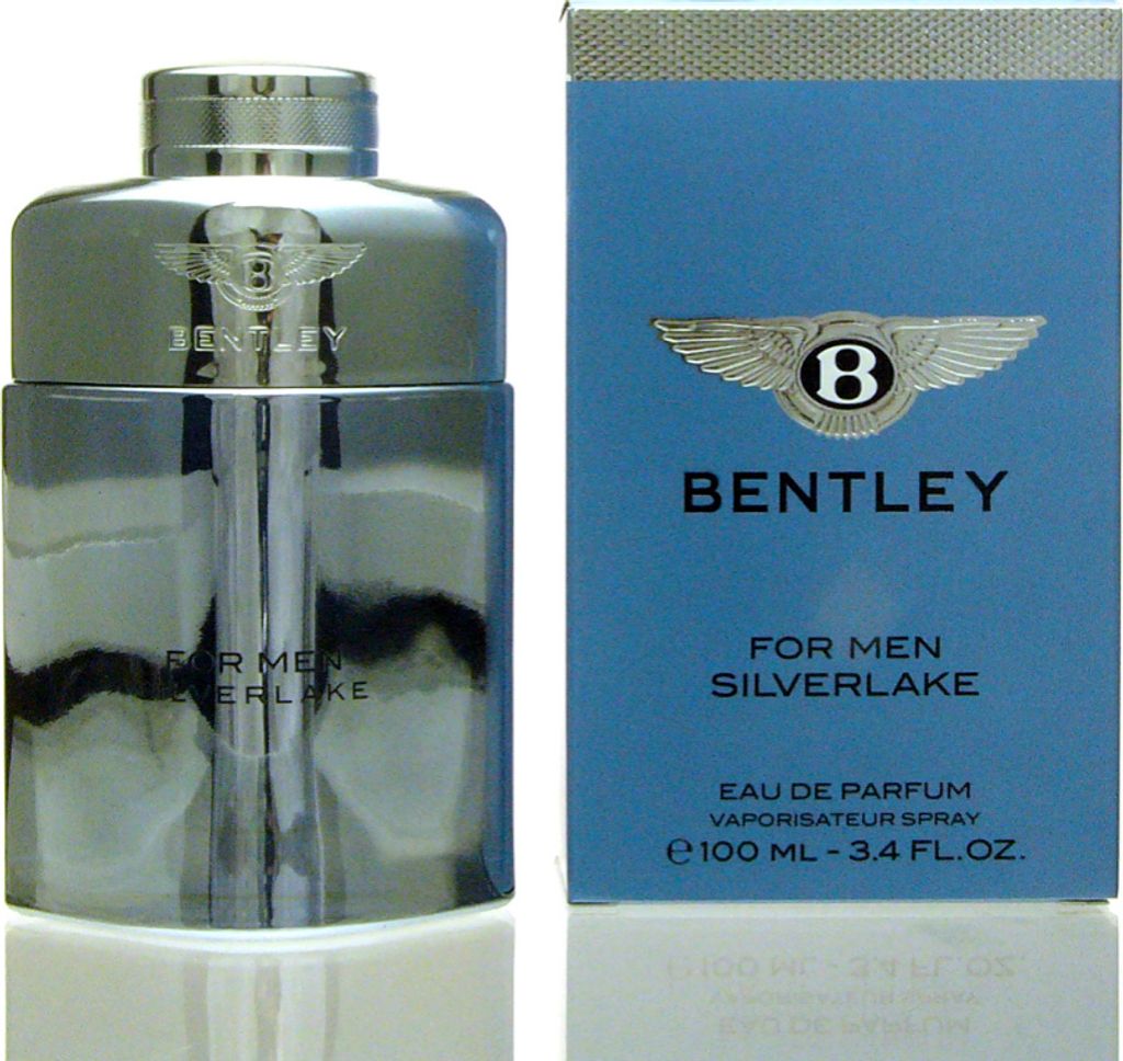 A bottle of Bentley Silverlake Eau de Parfum for Men and its packaging are displayed side-by-side against a white background.