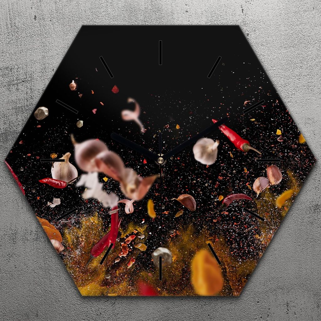 Uhr hexagonal 40 cm Glas Geräuschlos schwarze Zeiger - Gewürze Gemüse