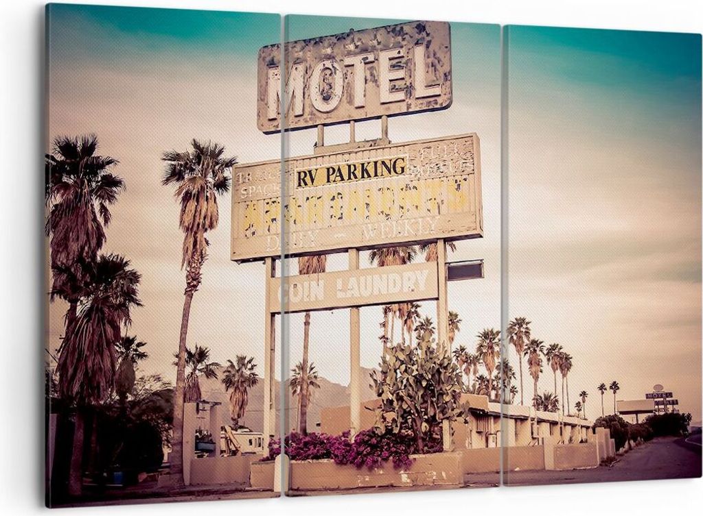 Bild auf Leinwand - Leinwandbild - Amerika Motel Straße Zeichen - 105x70cm - Wand Bild - Wanddeko - Leinwanddruck - Bilder - Kunstdruck - Wanddeko...
