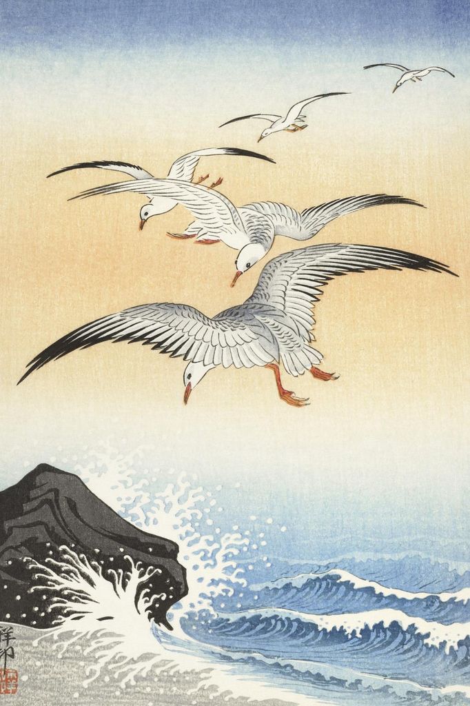 Plakat 40x60cm Fünf Möwen, Japanischer Vintage Koson für das Wohnzimmer