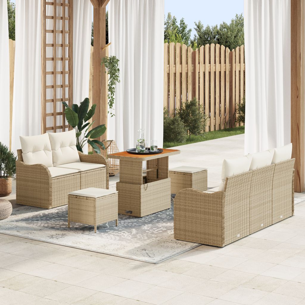 Desgin 8-teiliges Garten Sofa Set mit Kissen Beige Poly Rattan Akazie - Gartensofas 3364161