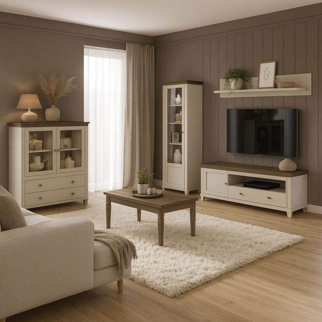 Wohnwand Set in Beige & Eiche im modernen Landhausstil – 5-teilig mit Highboard, Vitrine, Lowboard, Wandregal und Couchtisch – EPSOM-83