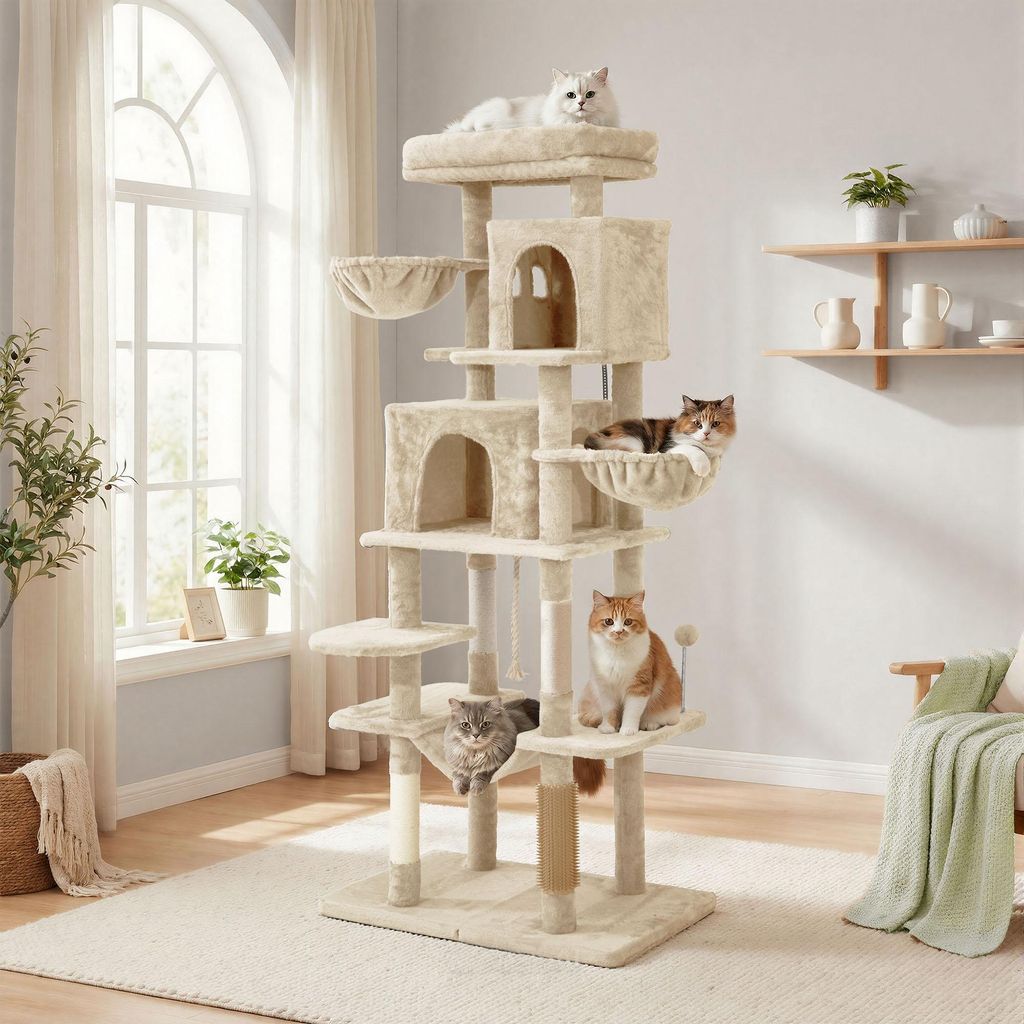Kratzbaum für große Katzen, Kratzbrett, Katzenbürsten, große Plattformen, Plüschkissen, Höhle, 78 x 46 x 176 cm, Beige