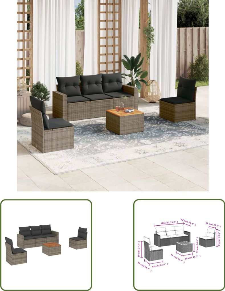 The Living Store 6-tlg. Garten-Sofagarnitur mit Kissen Grau Poly Rattan