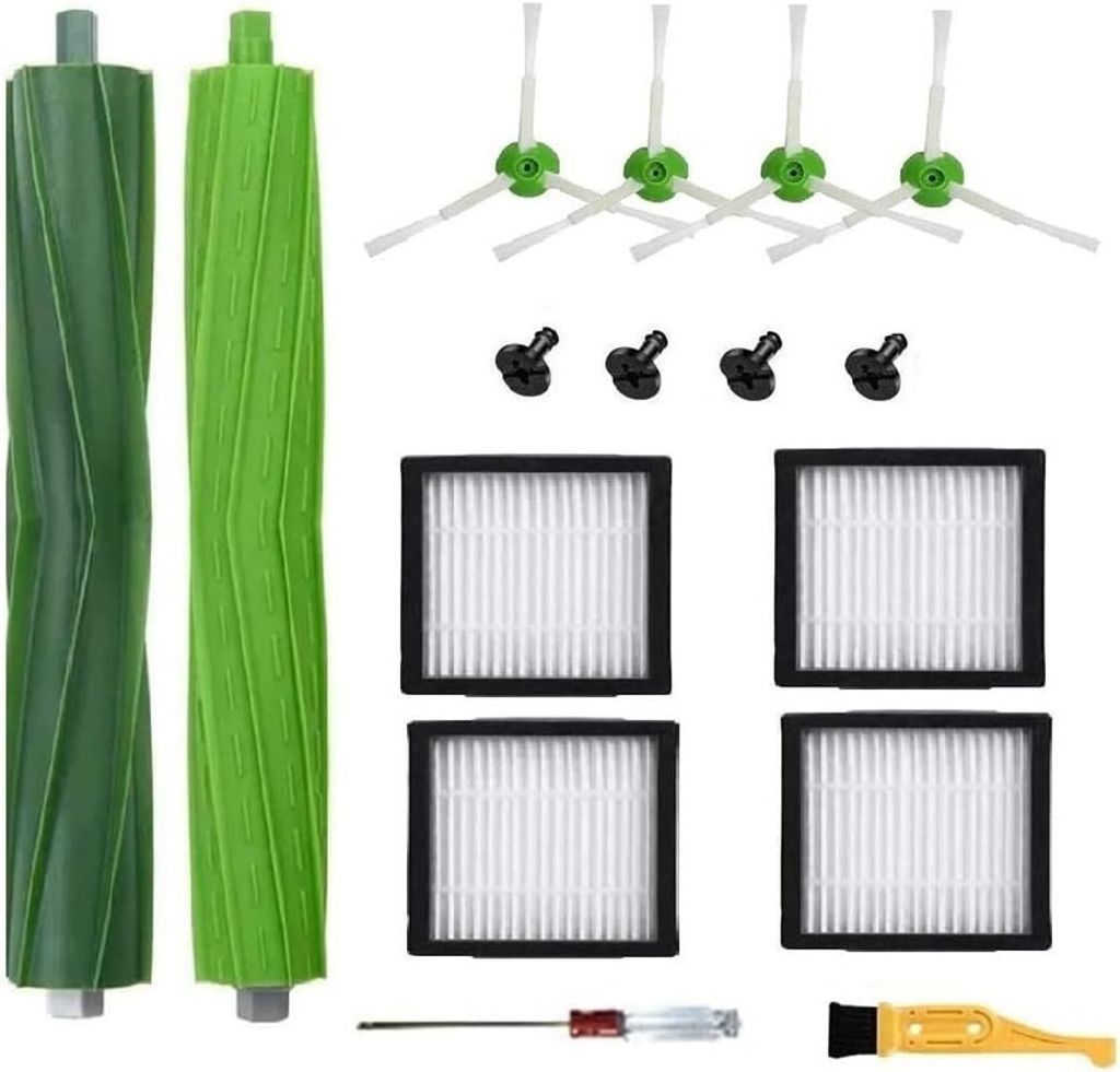Ersatzteile und Zubehör kompatibel für iRobot Roomba i3, i4, E5, E6, E7, I, E & J Series Staubsauger - 1 Set mit 4 HEPA-Filtern und 4 Seitenbürsten