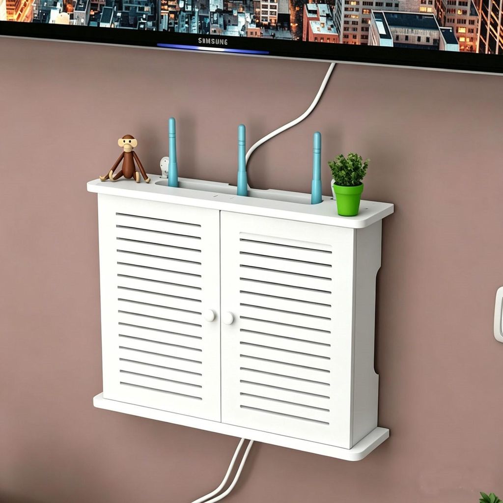 WIFI Aufbewahrungsbox Wand, Wall Mounted Router Cabinet Kein Bohren Erforderlich Router Verkleidung Wlan Box Schrank Router Schrank Wandmontage,47x...