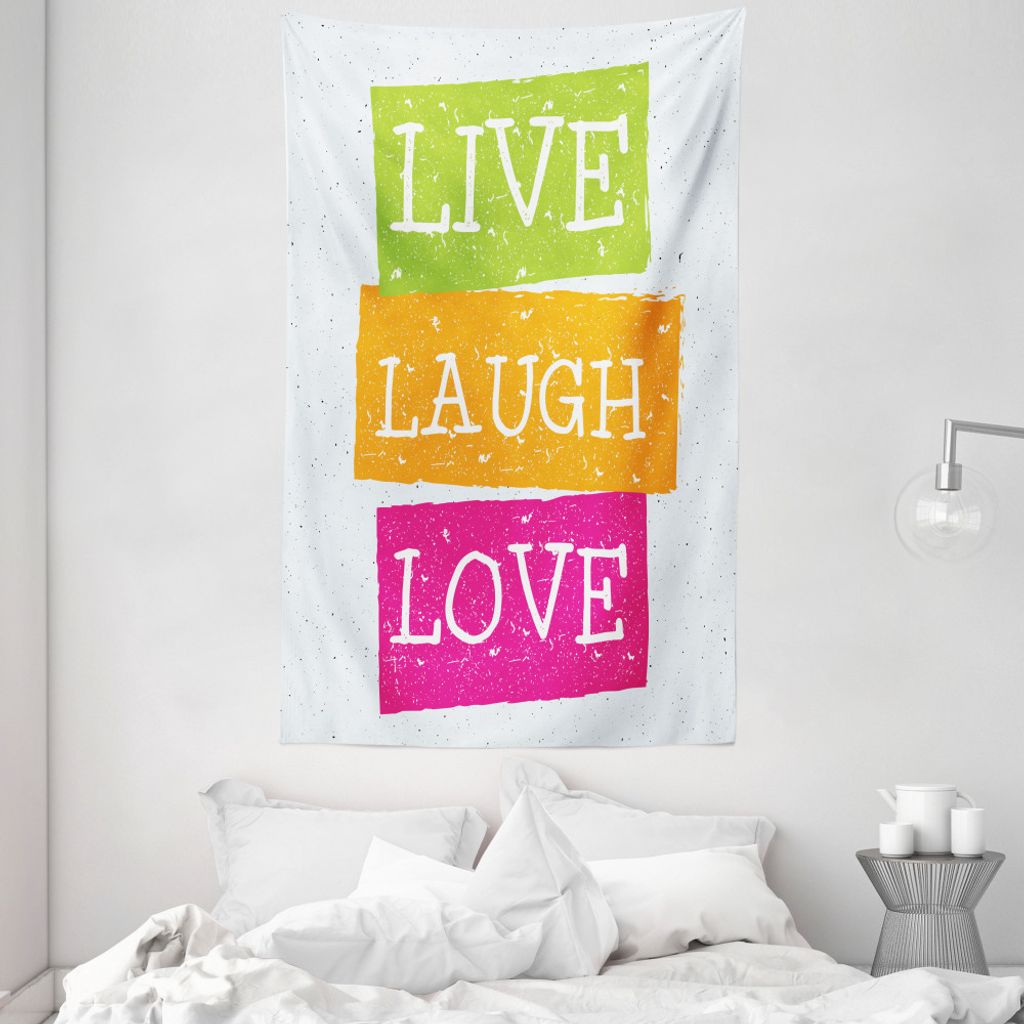 ABAKUHAUS Zitat Wandteppich und Tagesdecke, Leben Lachen-Liebe Vibrant aus Weiches Mikrofaser Stoff Waschbar ohne Verblassen Digitaldruck, 140 x 23...