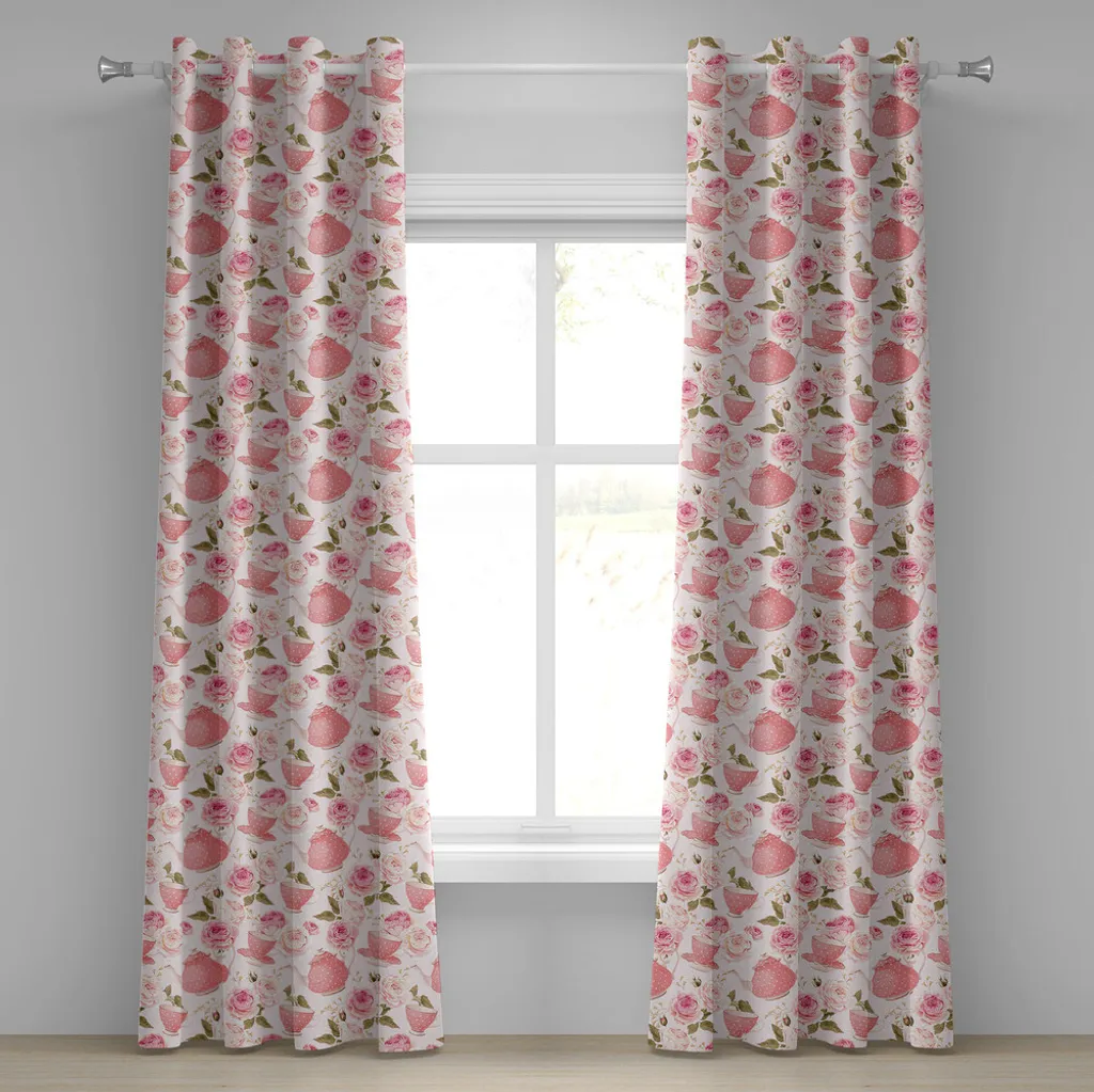 Paire de Rideaux Fleurs Roses Anglaises en Tissu Doux Vert et Rose