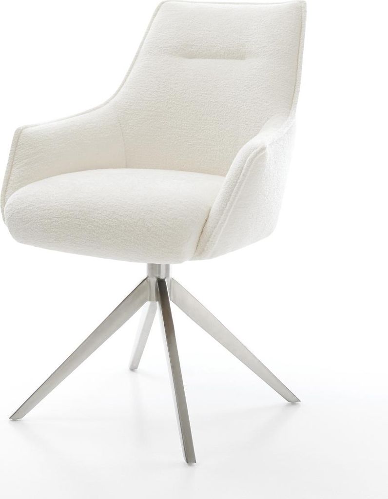 DELIFE Drehstuhl Alja-Flex mit Armlehnen Bouclé Soft Beige Kreuzgestell breit Edelstahl 360° drehbar Wippfunktion Taschenfederkern