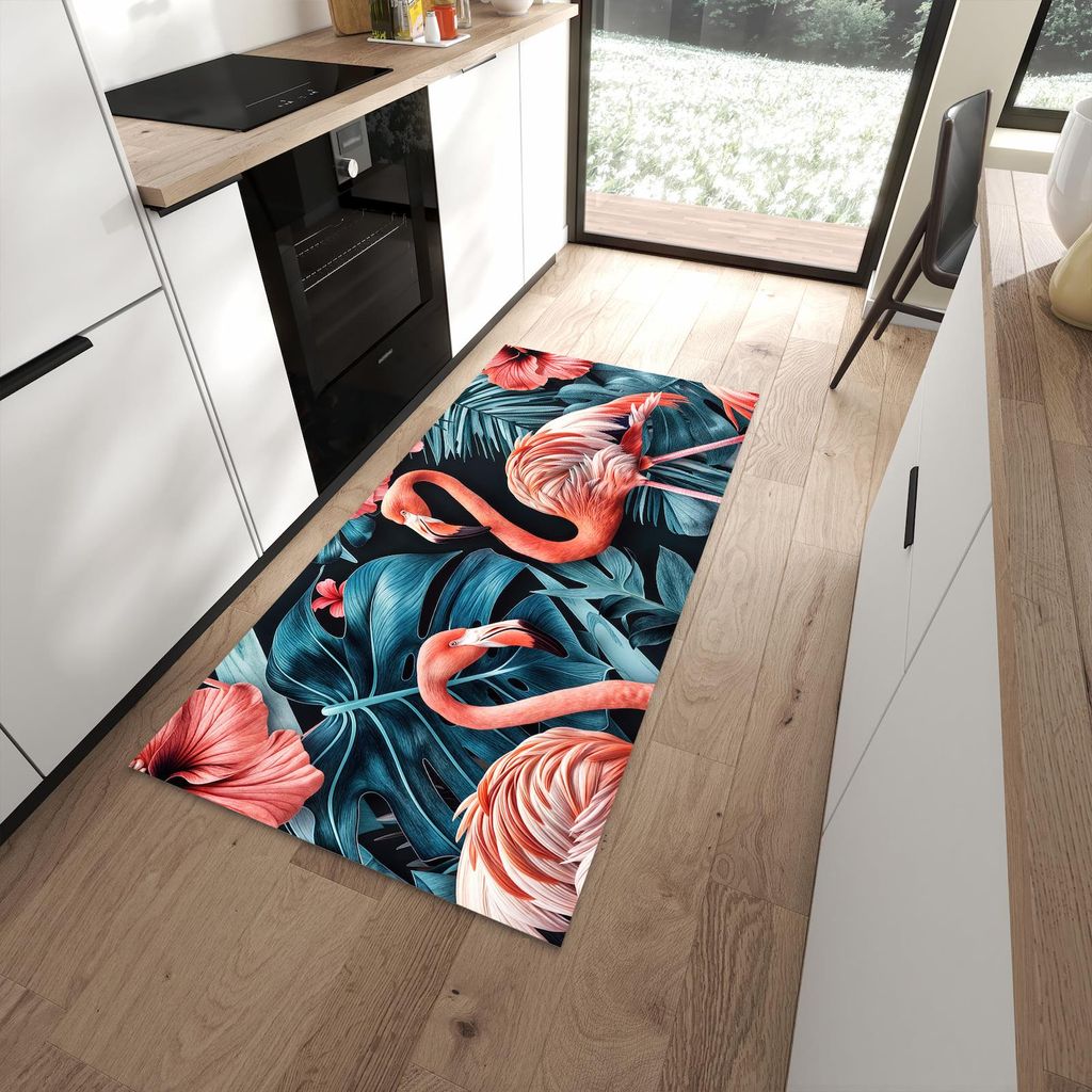 Küchenteppich 90x180cm rutschfest & abwischbar PVC Läufer - Flamingos und Blumen