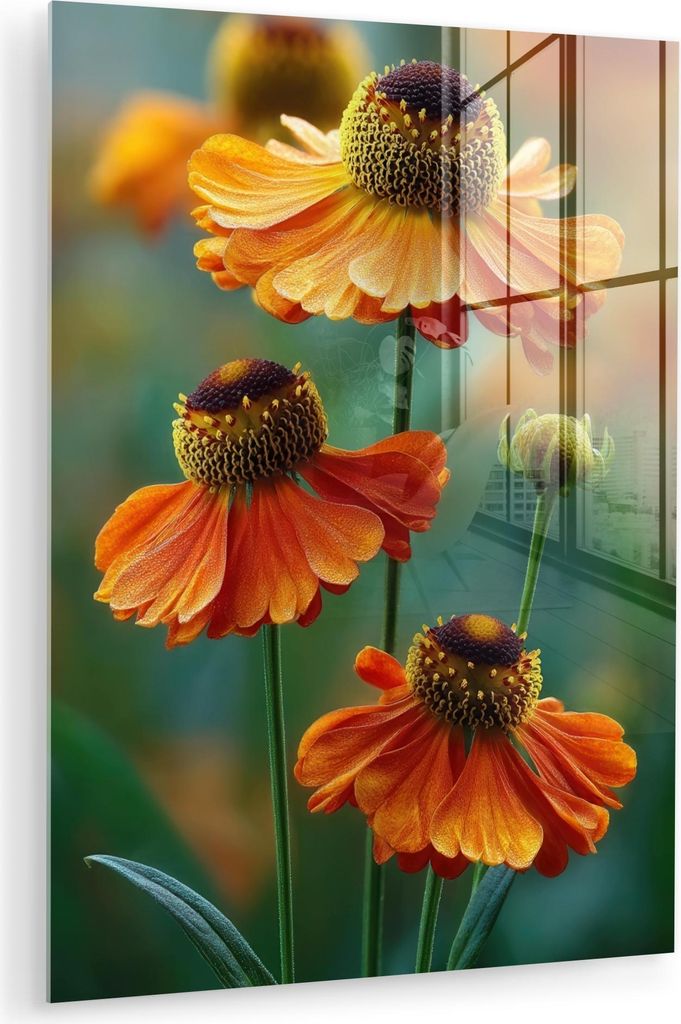 MuchoWow Glasbilder - Bilder auf Wandbild - Foto auf Glas Orangefarbene Blumen - Lebendig - Unscharfer Hintergrund 60x80 cm Wanddekoration aus Glas...