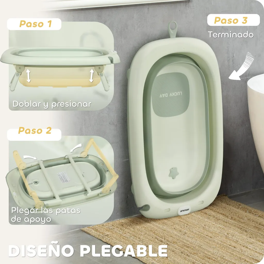 Baignoire Bébé Pliable avec Vidange Rapide - Design Compact Vert Pastel - 4