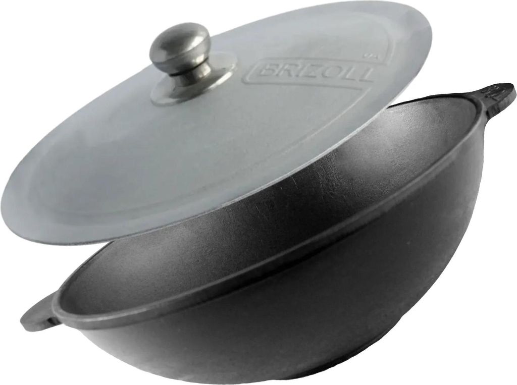 Ø28cm Wok Bratpfanne aus Gusseisen mit zwei Griffen + Deckel aus Aluminium Asia Wokpfanne Induktion