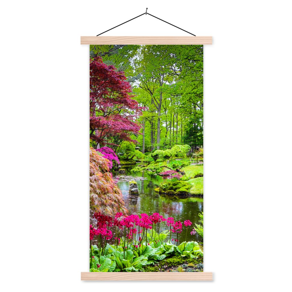 MuchoWow Textilposter Bäume - Blumen - Japanisch - Natur - Wasser 40x80 cm mit holzfarbenen Rahmen - Wohnzimmer