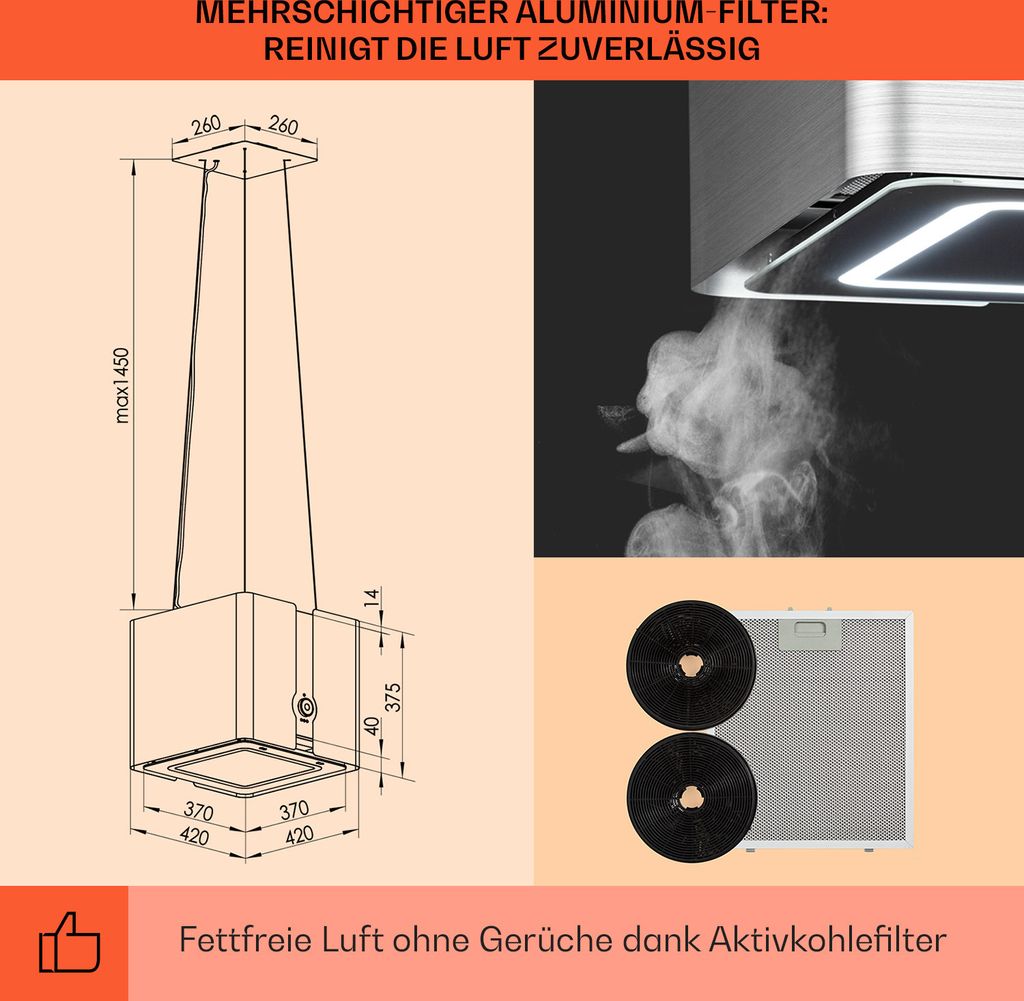 Futurelight Smart Inselabzugshaube Umluft 420m³/h LED Produktbild 5