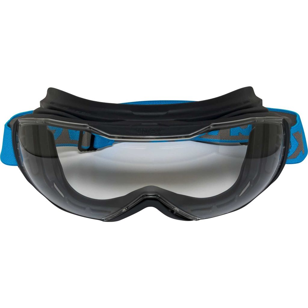 A pair of clear goggles with a blue and gray strap.