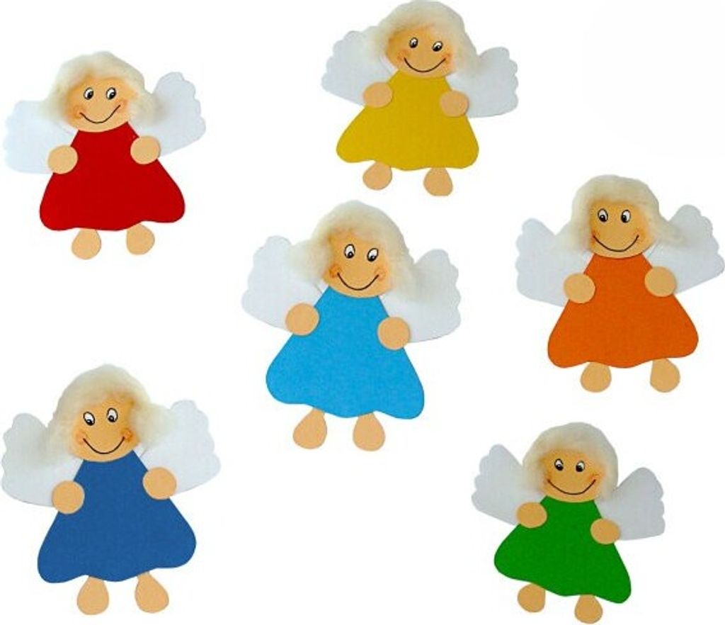 A collection of small, handmade-looking angel figures in various colors.