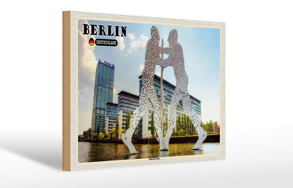Holzschild Städte Berlin Molekül Mann Skulptur 30x20cm
