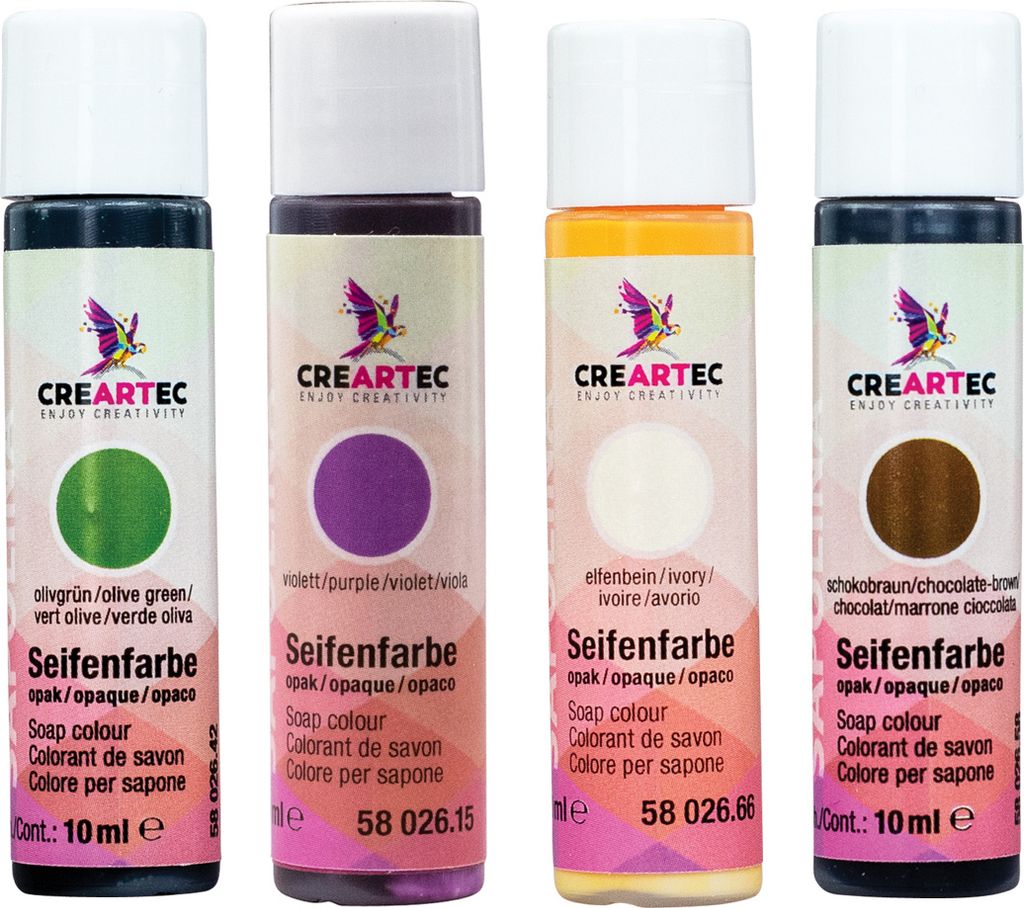 CREARTEC Seifenfarben Opak 4er Set (Elfenbein, Schokobraun, Violett, Olivgrün) 40ml - Inhalt jeweils 10ml - zum Herstellen farbenfroher Seifen