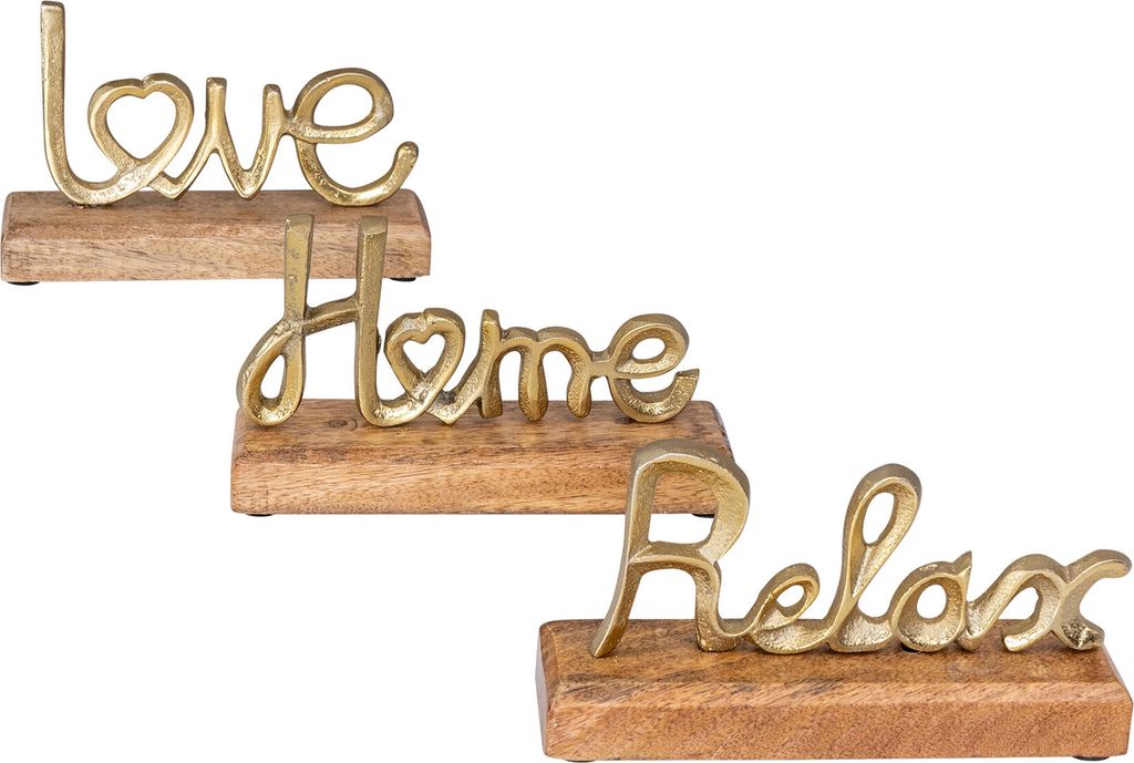 3er Set Schriftzug Love Home Relax Gold Mango Holz Metall Aufsteller Deko