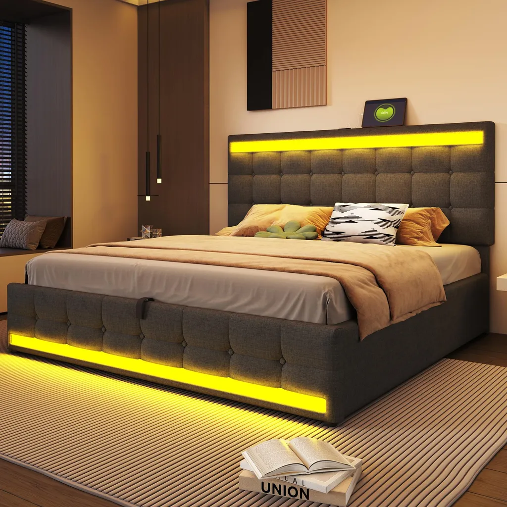 Lit Double 180x200 cm avec Coffre de Rangement et Sommier à Lattes Gris