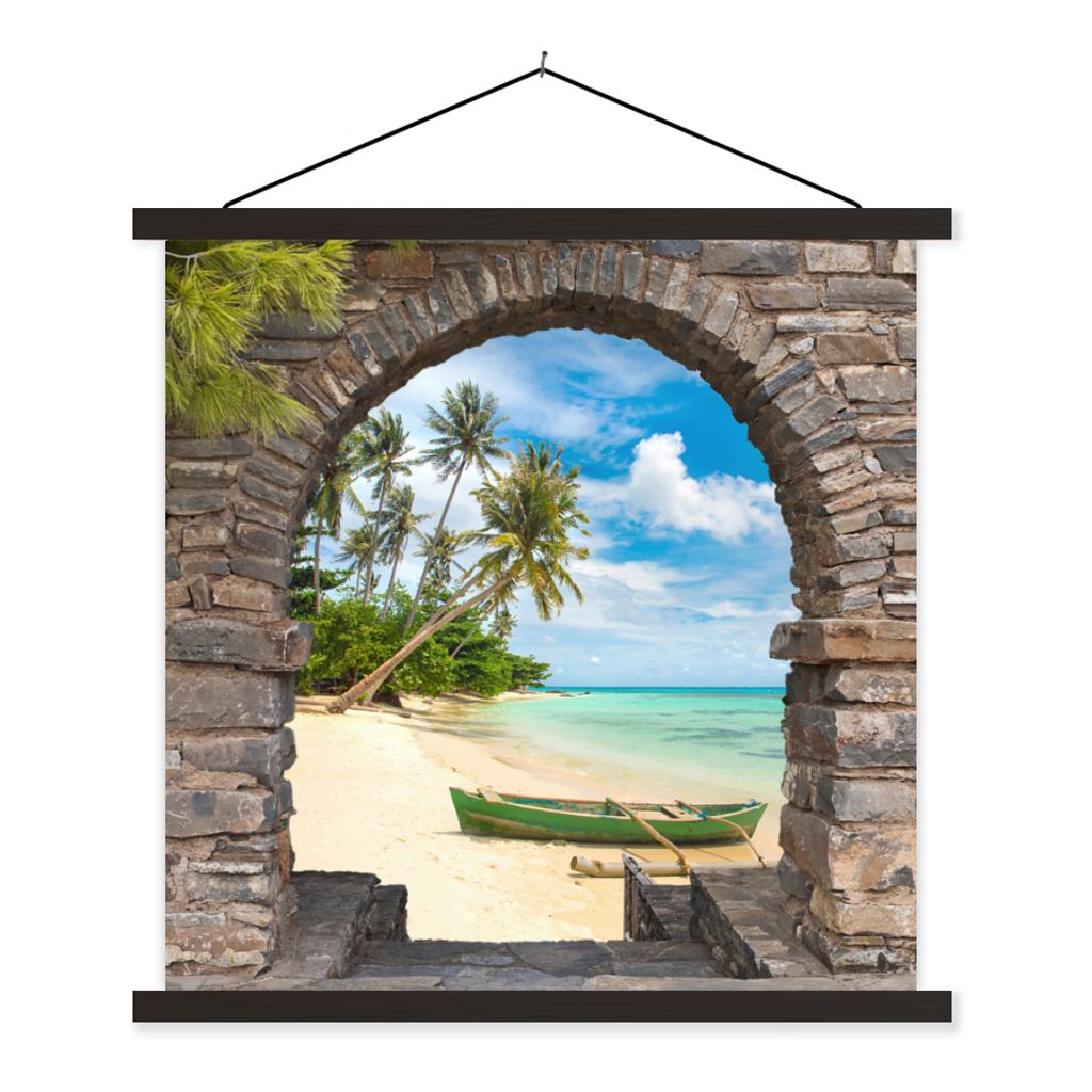 MuchoWow Textilposter Strand - Palme - Blick - Meer - Kanu 120x120 cm mit schwarzem Rahmen - Aufhängungsset