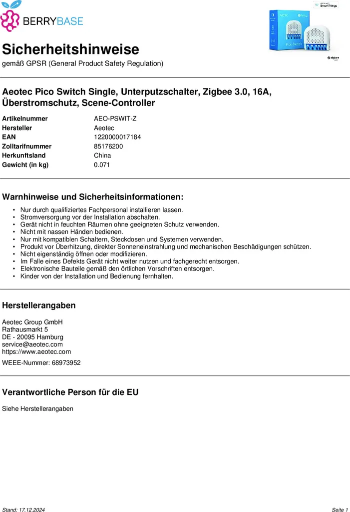 Relais connecté encastrable Aeotec Pico Switch pour domotique Zigbee - 18