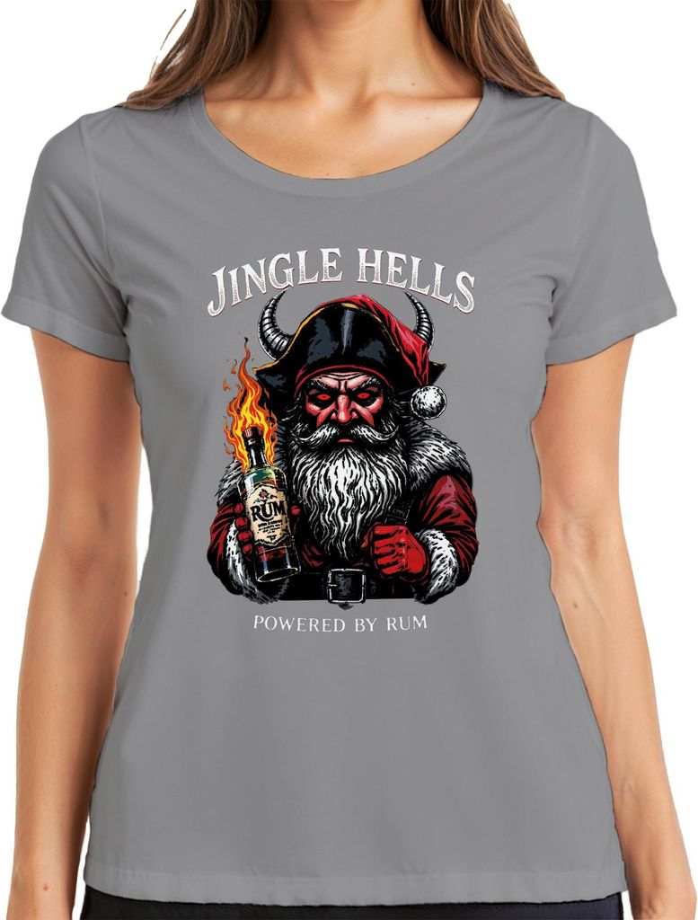 Jingle Hells Powered by Rum Santa horned flaming bottle Christmas Damen T-Shirt, Grau, XXL