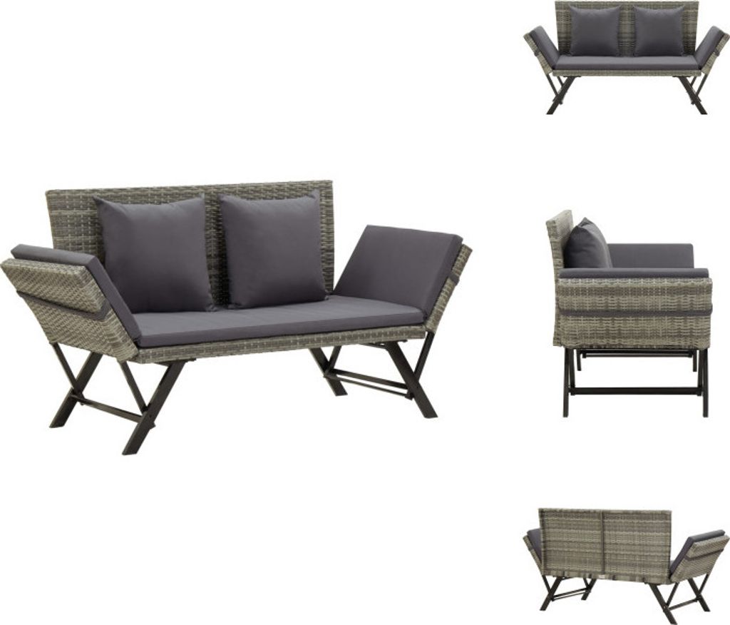 vidaXL Gartenbank mit Auflagen 176 cm Grau Poly Rattan - Gartenbänke