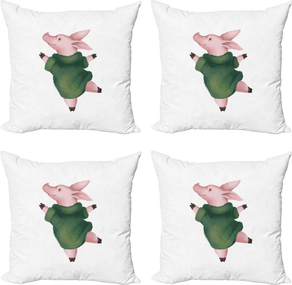 ABAKUHAUS Bauernhoftier Kissenbezug Set (4 Stück), Tanzen-Schwein in der Strickjacke, Moderner Doppelseitiger Digitaldruck, 40 cm x 40 cm, Rose Re...