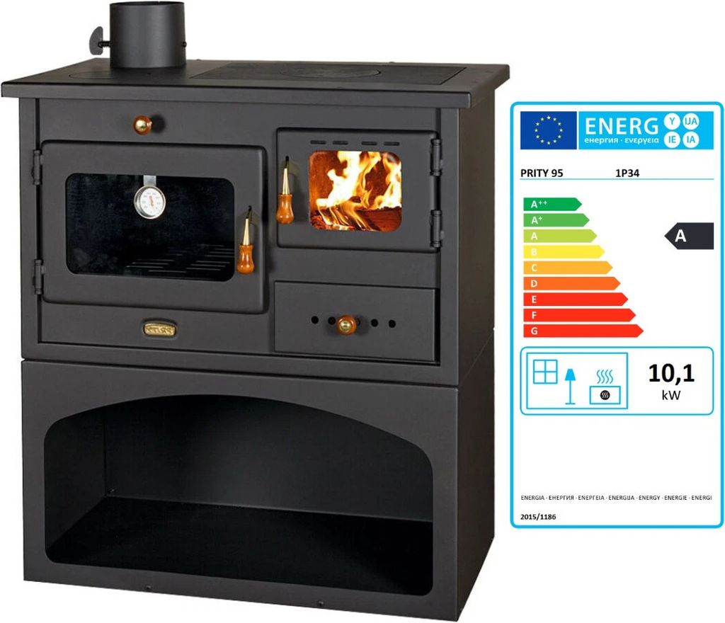 A black wood-burning stove with an oven and a metal plate, shown next to an energy efficiency label.