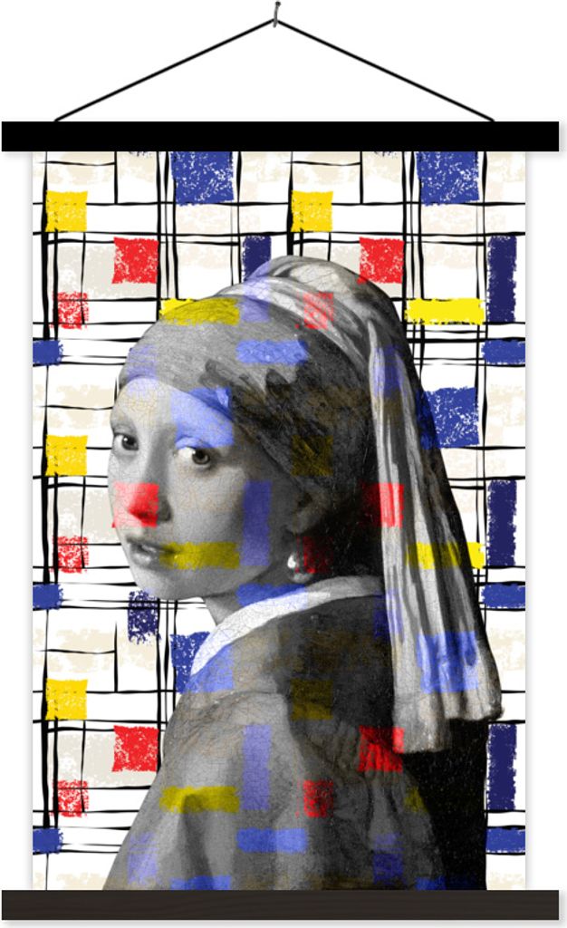 MuchoWow Textilposter Mondrian - Mädchen mit Perlenohrring - Collage 60x90 cm mit schwarzem Rahmen - Poster Wohnzimmer