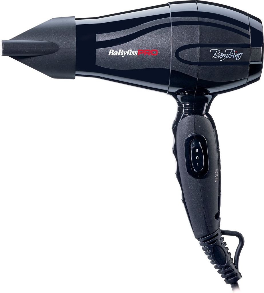 A black Babyliss Pro hair dryer is shown against a white background.