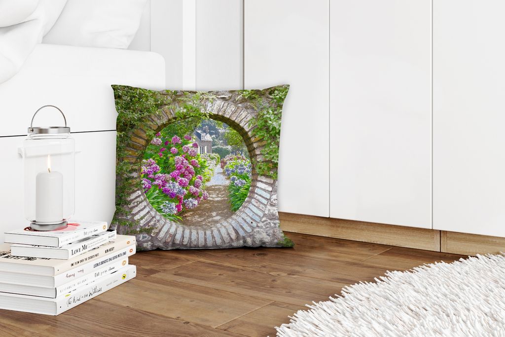 MuchoWow Zierkissen Sofakissen Wohnzimmer Dekokissen 40x40 cm Transparent - Blumen - Hortensie - Sommer - Foto Kissen - Schlafzimmer Dekoration