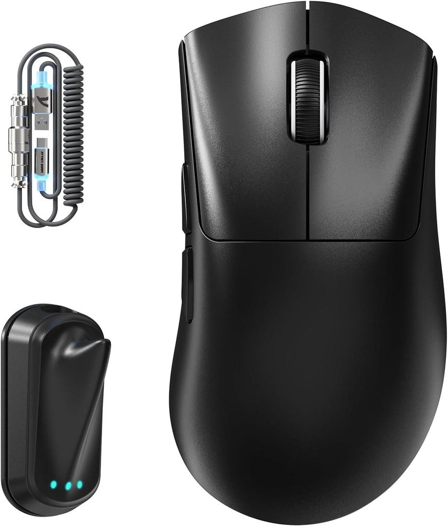 Wireless Gaming Maus V8, 59g Ultraleicht, PAW3950MAX Sensor 42.000 DPI, Dual 8000Hz, Nordic 54L15 Chip, Haiflossen-Dongle, 2.4G/BT/Kabel