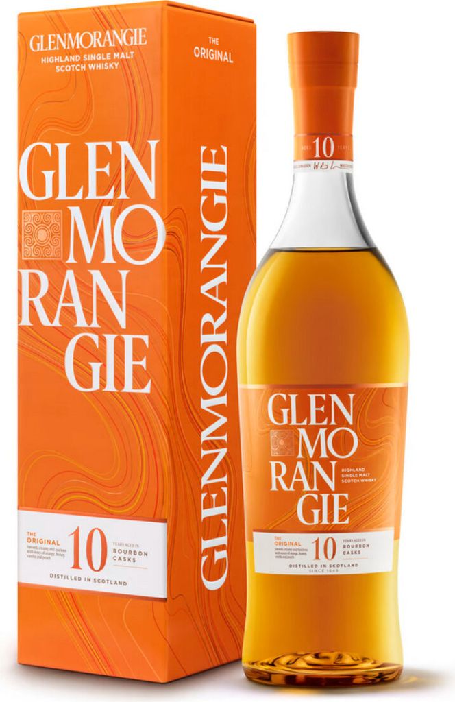 A bottle of Glenmorangie The Original 10 Year Old Highland Single Malt Scotch Whisky and its accompanying gift box are presented against a white background.