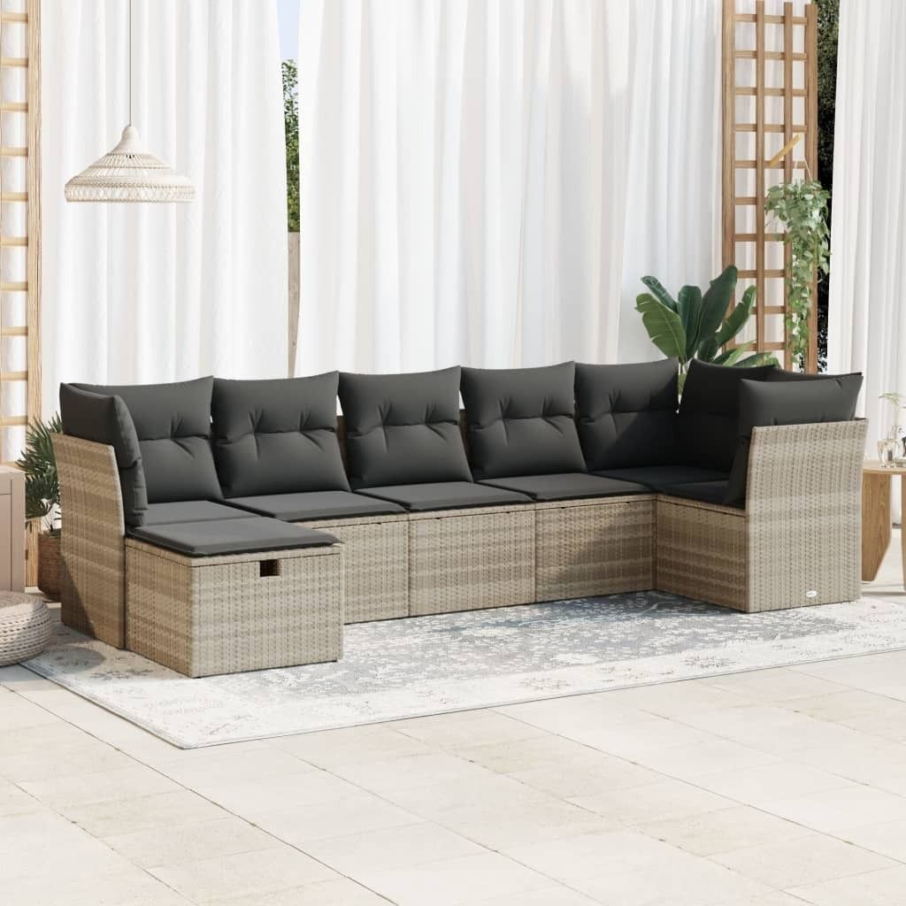 "Rabatt" 7-tlg. Garten-Sofagarnitur - mit sofa - mit Kissen Hellgrau Poly Rattan - Lounge-Dining set CC11862